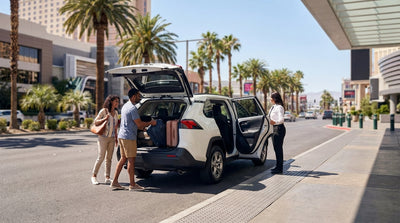 A car hire drives down the Las Vegas Strip at night, illuminated by the bright neon lights of the famous casinos