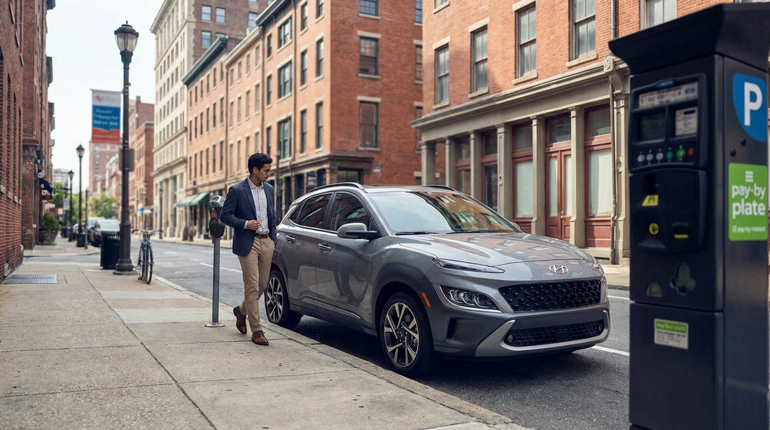 A person using a pay-by-plate parking kiosk for their car hire on a city street in Philadelphia, Pennsylvania