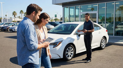 A red convertible car hire driving on a long, straight desert highway in the American Southwest