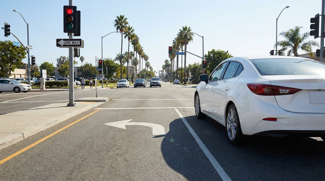 A driver's view from a car hire stopped at a red traffic light on a sunny Los Angeles street