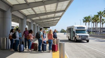A green LAX-it shuttle bus transports travelers to their car rental pickup location in Los Angeles