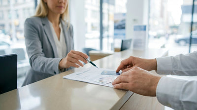 A person's hands on the steering wheel of a car hire, driving through the busy streets of New York City