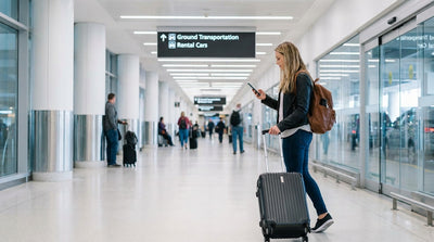 A traveler with a rolling suitcase follows signs for car rental inside a modern New York airport terminal