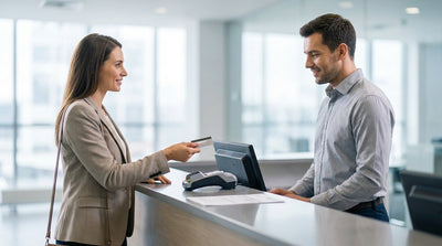 A person driving a silver car rental across the Brooklyn Bridge towards the New York City skyline