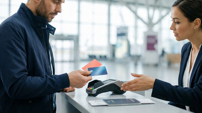A customer pays for their United States car hire with a bank card at a rental agency desk