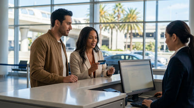 A convertible car hire driving down a sunny, palm-lined boulevard in Los Angeles