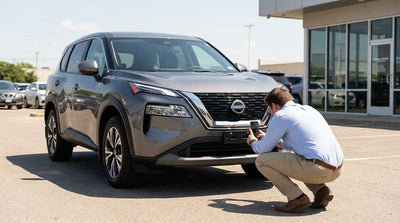 A person inspects the front bumper of a silver car hire vehicle in a sunny Texas parking lot