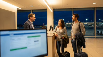 The modern SFO car rental center in San Francisco illuminated at night, with cars parked and ready for drivers