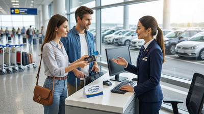 A person loads luggage into the trunk of a modern car rental at a sunny airport in the United Estates