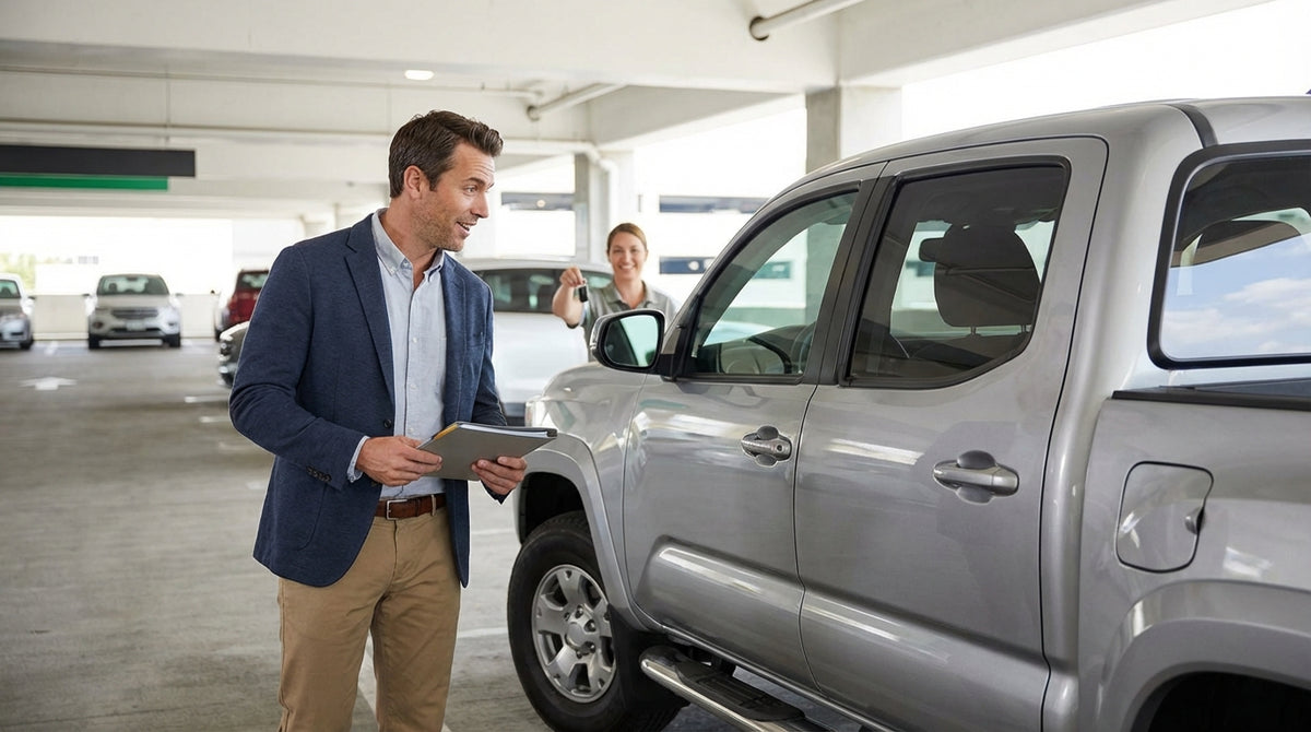A row of several different models of cars available for car hire at a sunny airport lot in the United States