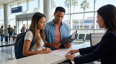 Traveler with luggage walking towards their car hire in a sunny California airport parking garage