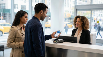 A modern car rental parked on a bustling street in New York City with yellow taxis and skyscrapers in the background