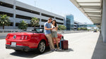 Row of shiny vehicles parked outside Miami Airport under palm trees for car hire