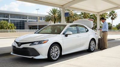 A row of vehicles lined up for car hire in a sunny Orlando airport parking lot