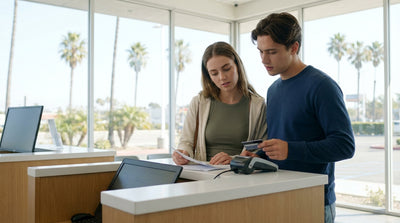 A young driver leans on their red convertible car hire on a sunny California coastal road