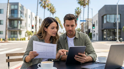White car rental parked near a sunny beach with tall palm trees in Los Angeles