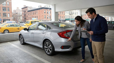 A person closely inspecting the side of a modern car rental on a street in New York City