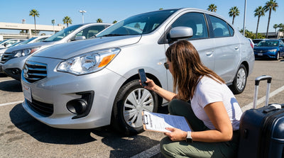 A person inspecting the side of a silver sedan at a car hire depot in sunny Las Vegas