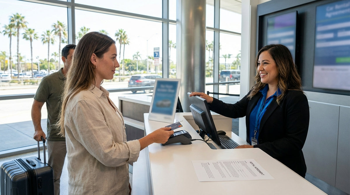 A white convertible car hire parked on a sunny street with palm trees in Miami