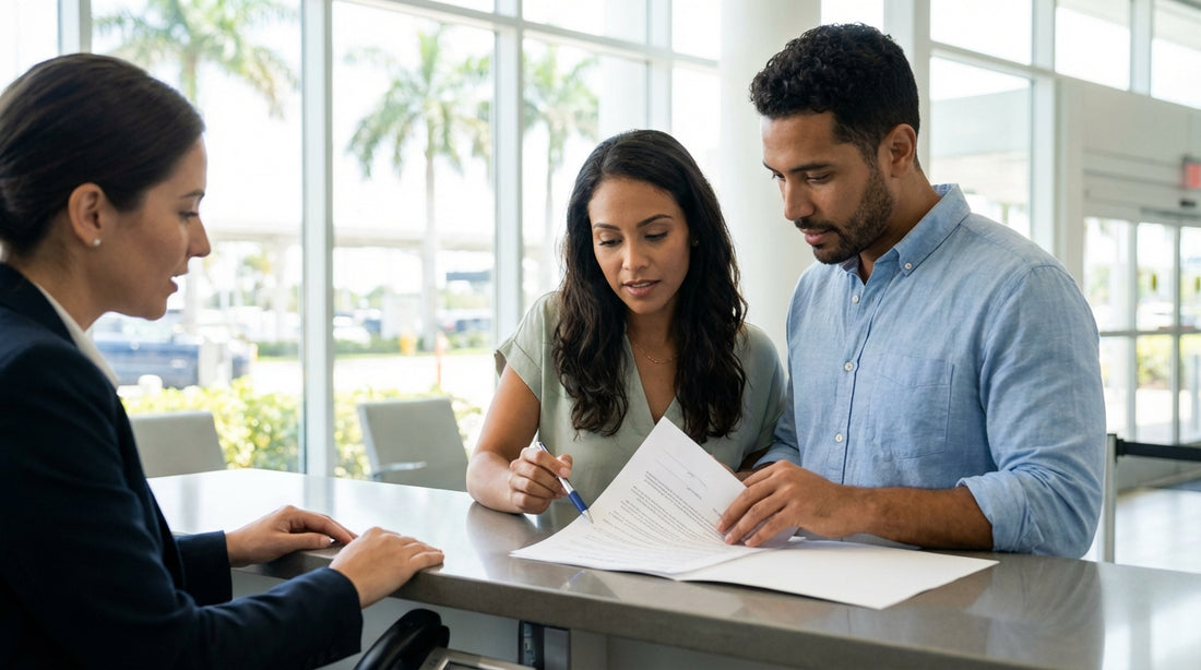 A customer carefully reads a car hire agreement at an airport rental counter in Orlando