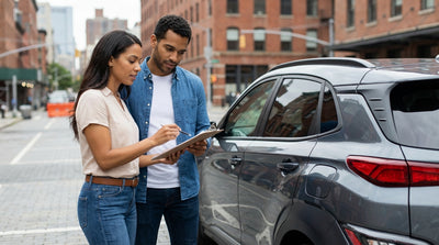 A silver car hire parked on a busy street in Manhattan, New York, with yellow cabs driving by
