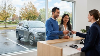 A traveler uses a debit card at a car rental counter in Pennsylvania to pick up their vehicle