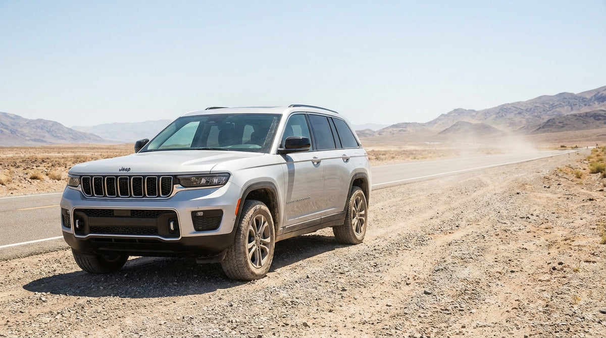 A car hire drives down a long, empty desert highway leading away from Las Vegas toward distant mountains
