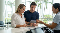 Traveler receiving keys from an agent at a car rental counter in Florida