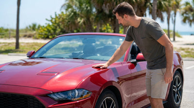 A modern car rental driving down a scenic highway lined with palm trees in sunny Florida