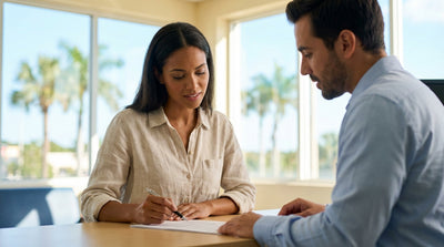 A modern sedan car rental parked on a street with palm trees under a sunny blue sky in Florida