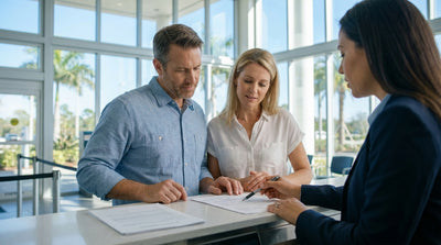 A convertible car hire driving on a sunny, palm-lined road along the coast in Florida