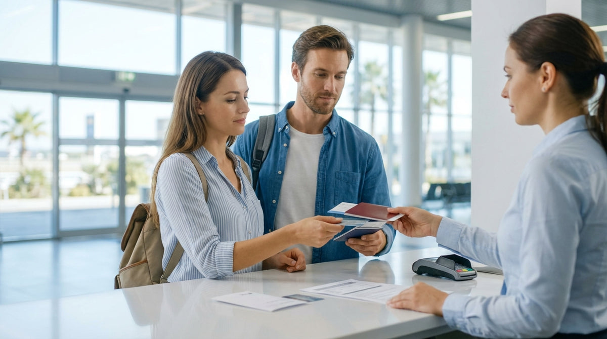 A white convertible car hire parked on a sunny street in Miami with palm trees and an Art Deco building