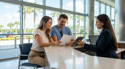 A white convertible car hire driving down a sunny, palm-lined road in Orlando