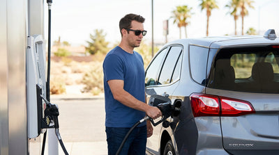 A person holds a fuel pump nozzle while refueling their car hire at a brightly lit gas station in Las Vegas at night
