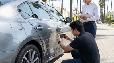 A sideswiped car rental with a long scratch on its door is parked on a sunny street in Los Angeles