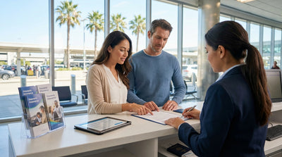 A red convertible car rental driving along a scenic coastal highway in Florida under a bright blue sky