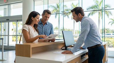 A modern white car hire parked under a palm tree on a sunny day in Florida