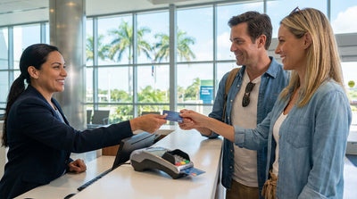 A convertible car hire driving down a scenic coastal highway with palm trees in southern Florida