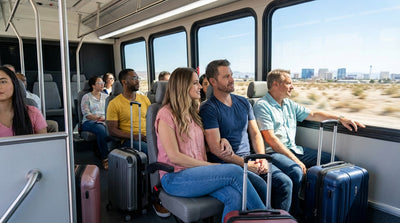 A car hire shuttle bus waiting for passengers at a sunny pick-up zone at the Las Vegas airport