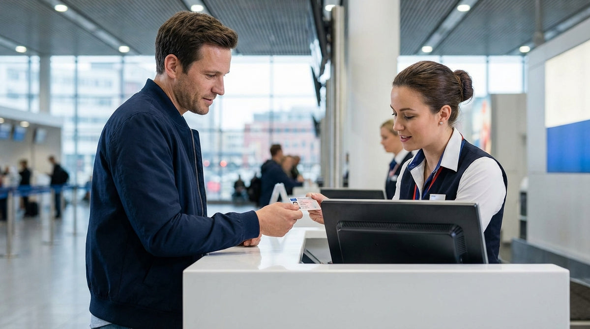 A person shows their driver's license at a car rental counter in a busy New York airport terminal