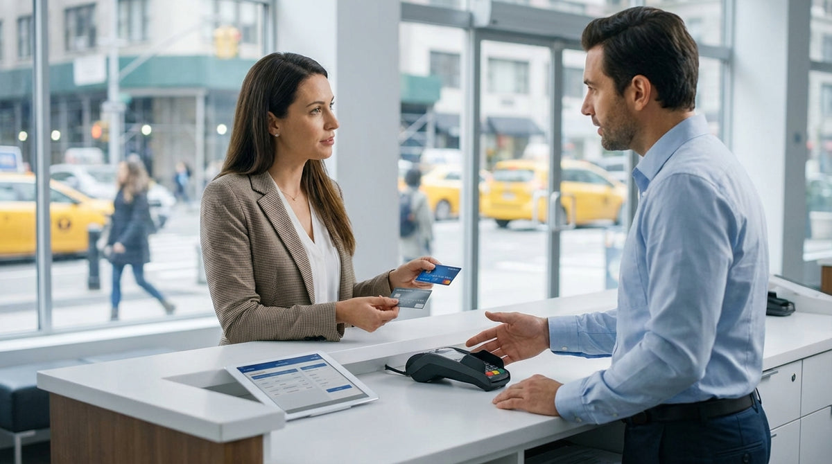 A person at a car hire desk in New York City hands their credit card to an agent behind the counter