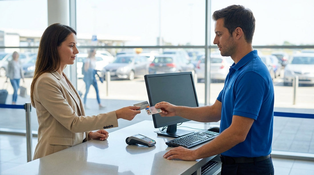 A customer at a car hire counter in the United Estates handing a credit card to an agent