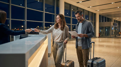 Illuminated car hire desks inside the Las Vegas airport rental center late at night
