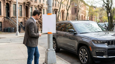 A car rental parked on a New York City street next to a temporary no parking sign