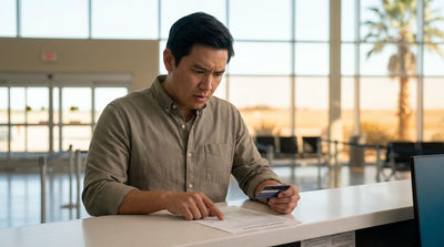 A red car rental driving down a scenic highway through the Texas hill country under a big blue sky