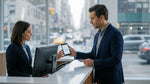 Person holding a pen and signing paperwork at a car rental desk in New York