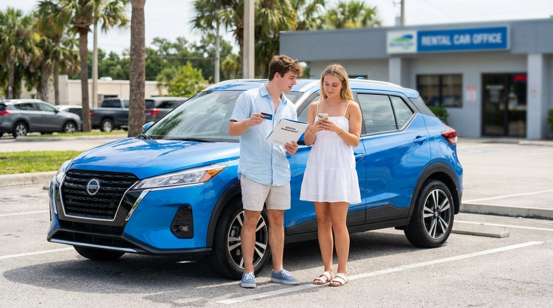 A person driving a convertible car hire down a sunny, palm-lined coastal highway in Florida