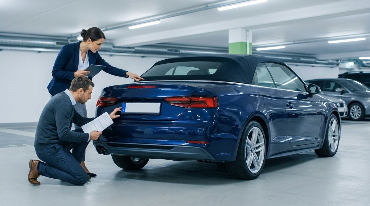 A driver comparing a contract to the license plate of their car rental on a New York street
