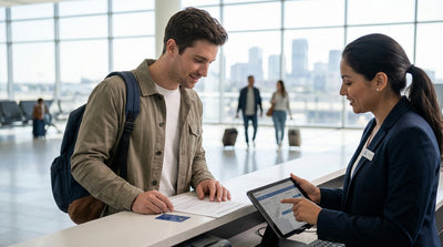 A young driver smiles next to her car rental on a busy street in New York City with skyscrapers in the background