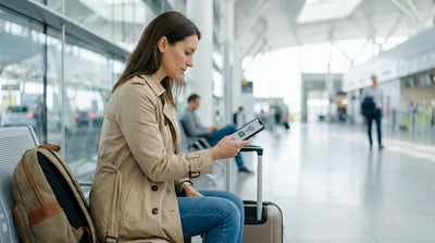 A white car rental crossing the iconic Golden Gate Bridge in San Francisco with blue skies